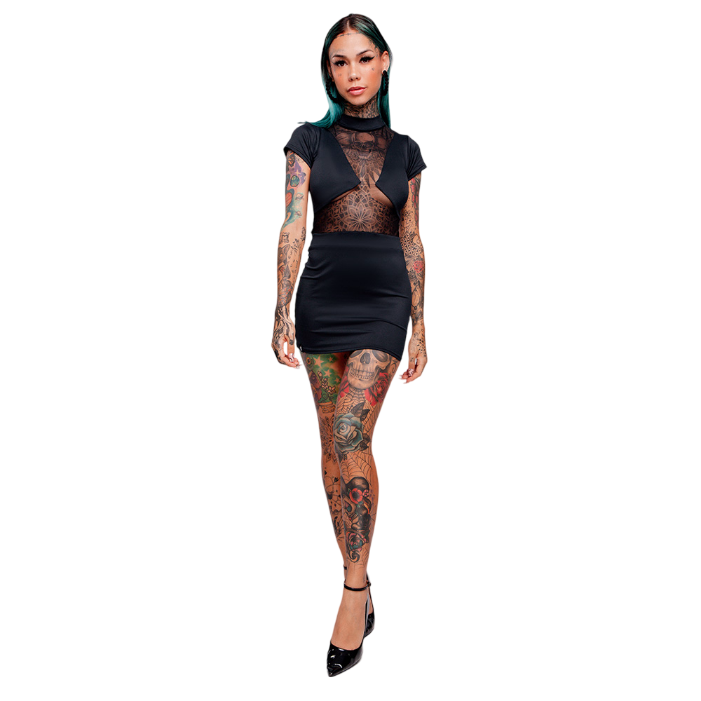vestido sensual sexy em suplex poliamida com tule preto em pose lateral