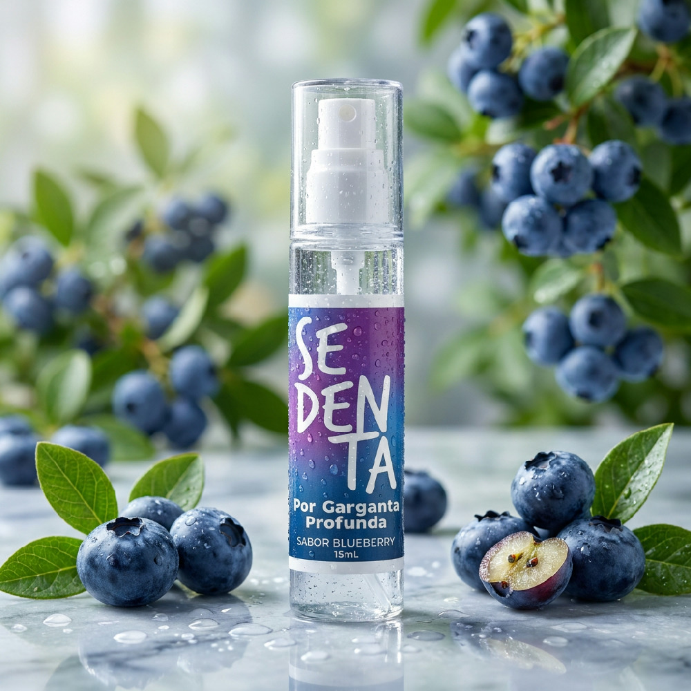 Spray Bucal Garganta Profunda Comest�vel Sedenta Sabor Blueberry 15ml - Vista frontal do frasco, destacando o r�tulo colorido com a marca Sedenta.