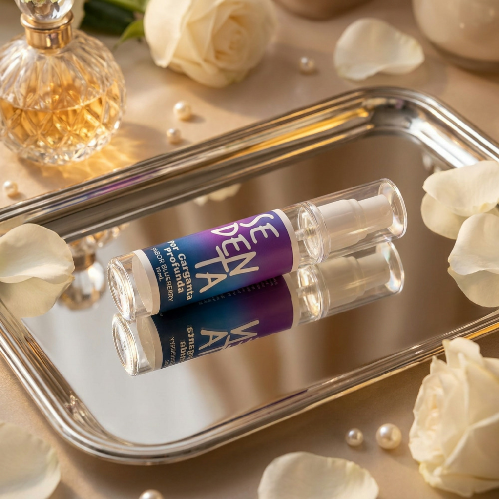 Spray Bucal Garganta Profunda Comest�vel Sedenta Sabor Blueberry 15ml - Detalhe do bico pulverizador e tampa transparente, evidenciando a funcionalidade.