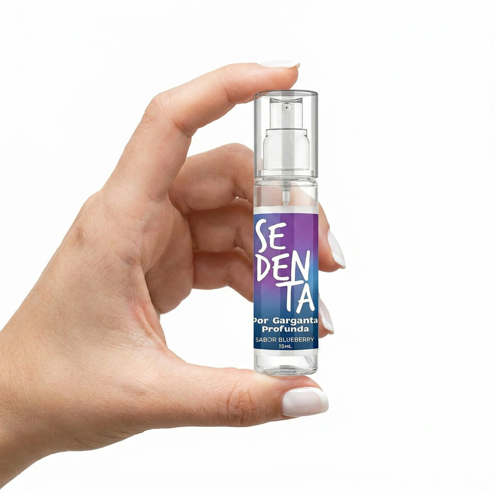 Spray Bucal Garganta Profunda Comest�vel Sedenta Sabor Blueberry 15ml - Close no r�tulo 'SABOR BLUEBERRY 15mL'.
