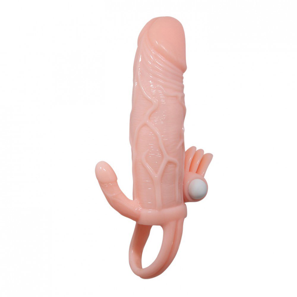 Capa peniana com extensor de 4cm e anel para escroto, cor bege, design liso