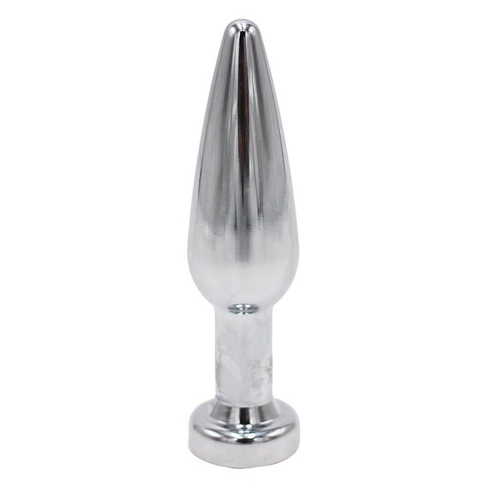 vista lateral do plug anal joia em a�o inox evidenciando formato c�nico progressivo e propor��o equilibrada