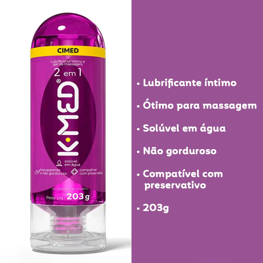 Frasco do Lubrificante K-Med 2 em 1 ao lado de uma lista destacando seus benef�cios: Lubrificante �ntimo, �timo para massagem, sol�vel em �gua, n�o gorduroso, compat�vel com preservativo e 203g