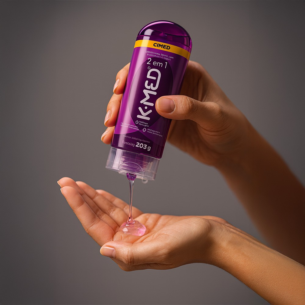 Duas m�os recebendo uma gota do gel lubrificante K-Med 2 em 1 do frasco, mostrando a textura transparente e fluida do produto