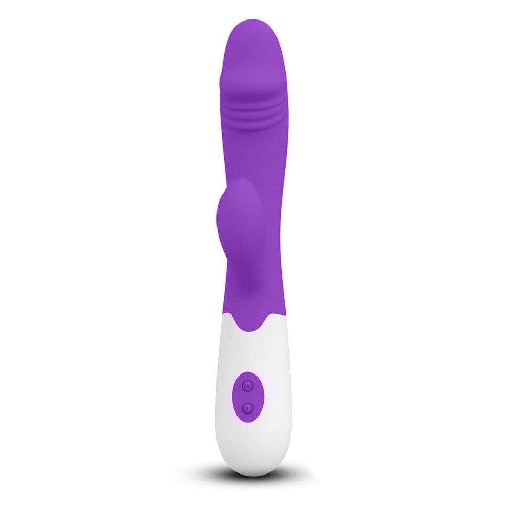 Vibrador Duplo Recarreg�vel em Silicone 30 Vibra��es Sime 2 Roxo - Vista de cima mostrando bot�es de controle e carregamento