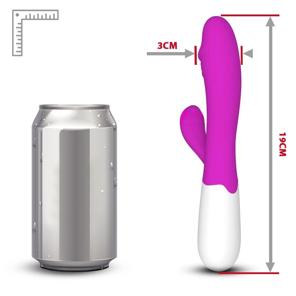 Detalle do bot�o de controle do Vibrador Duplo Sime 2 Pink, indicando modo de uso e recarreg�vel.
