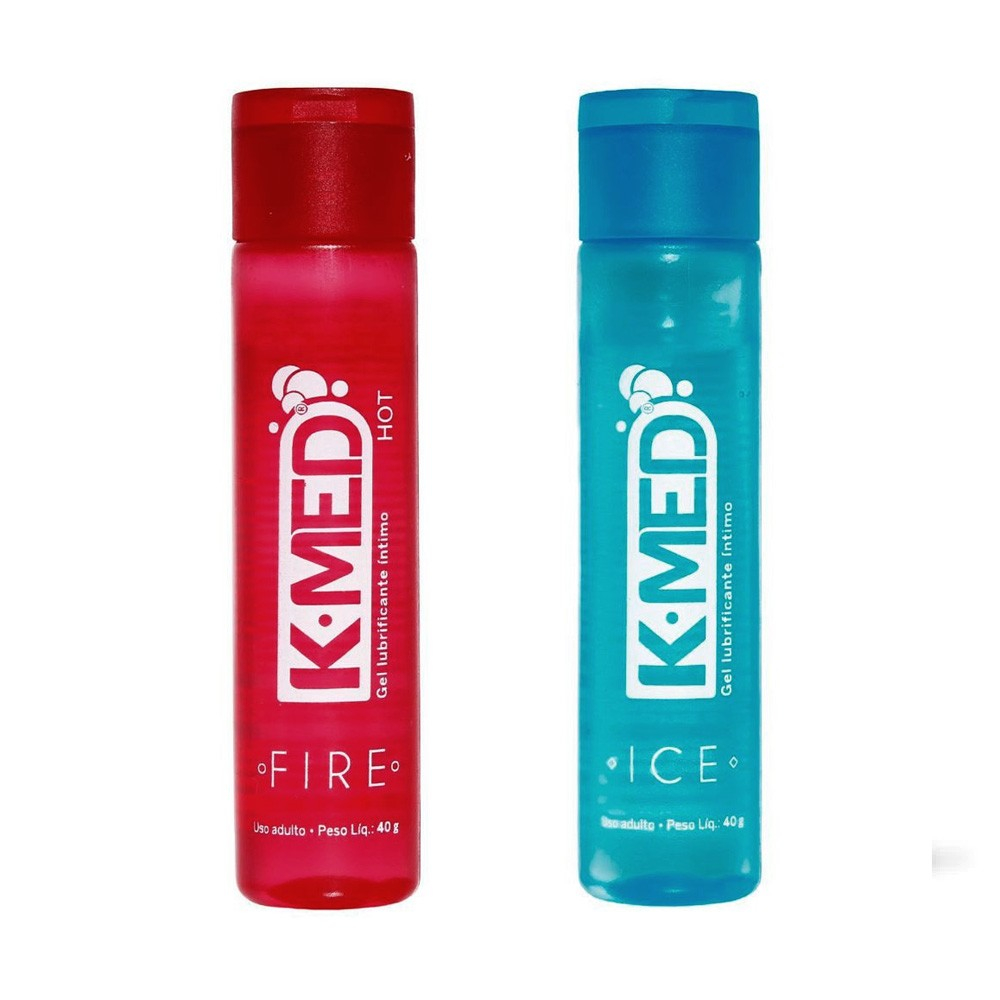 Dois frascos de lubrificante K-Med, um vermelho (Fire Hot) e um azul (Ice), lado a lado