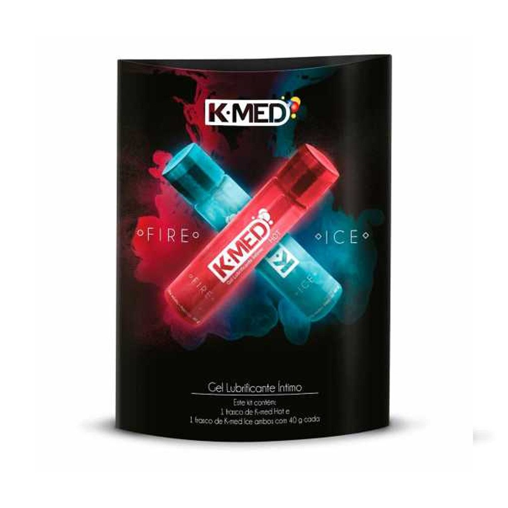 Caixa do Kit K-Med Fire e Ice, ilustrando os efeitos de aquecimento e resfriamento dos lubrificantes