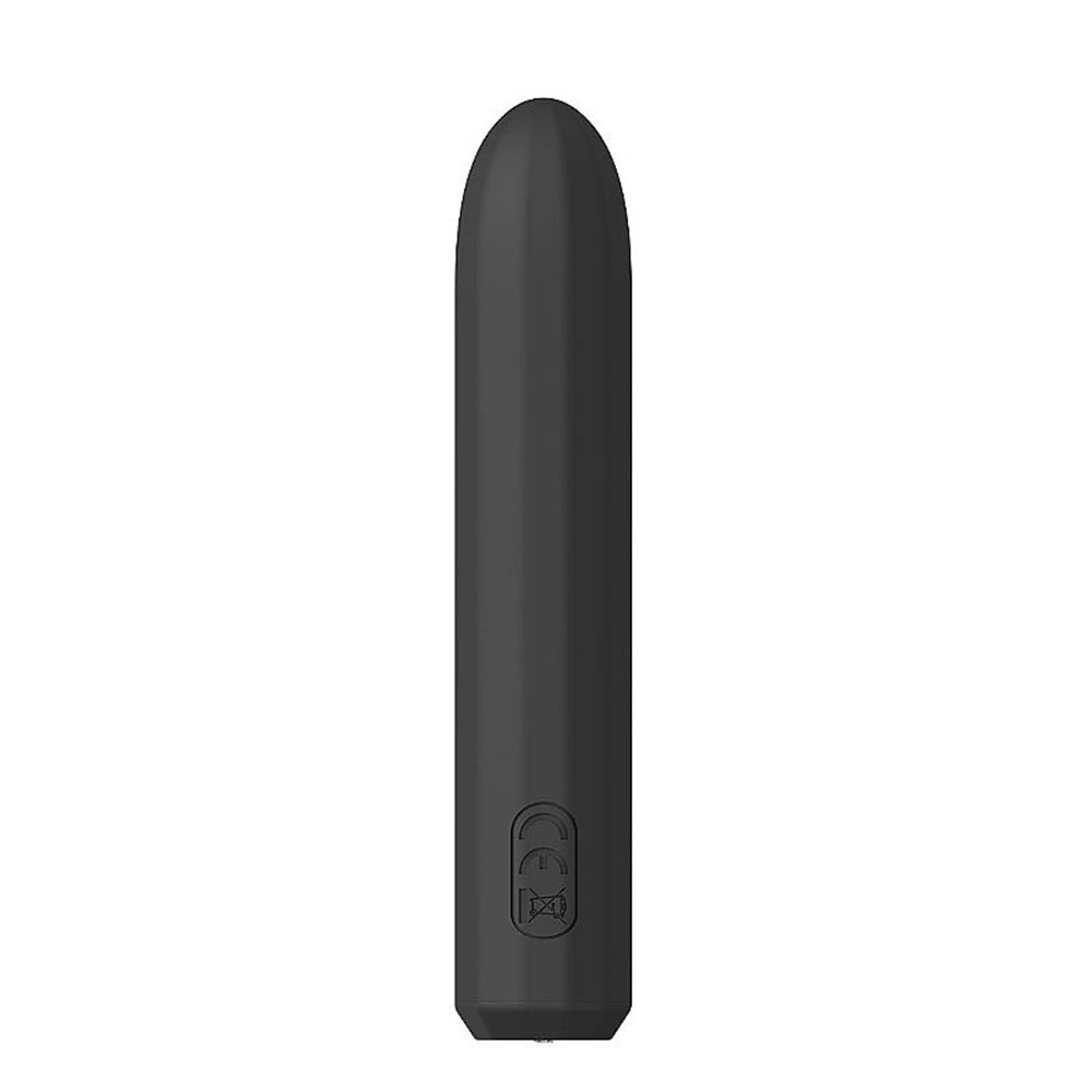Vibrador Bullet Recarreg�vel Nero Preto com 10 Vibra��es | Detalhe da parte traseira com marcas de certifica��o.