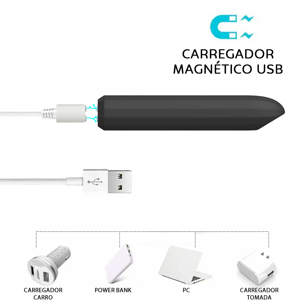 Vibrador Bullet Recarreg�vel em Silicone Nero Preto | Imagem ilustrativa de uso em diferentes partes do corpo feminino.