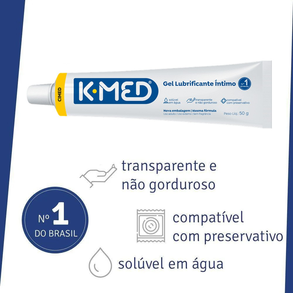Detalle do Lubrificante �ntimo K-Med Gel, embalagem branca com r�tulo azul e amarela, mostrando o selo de 'Sol�vel em �gua', 'transparente e n�o gorduroso', e 'compat�vel com preservativo'