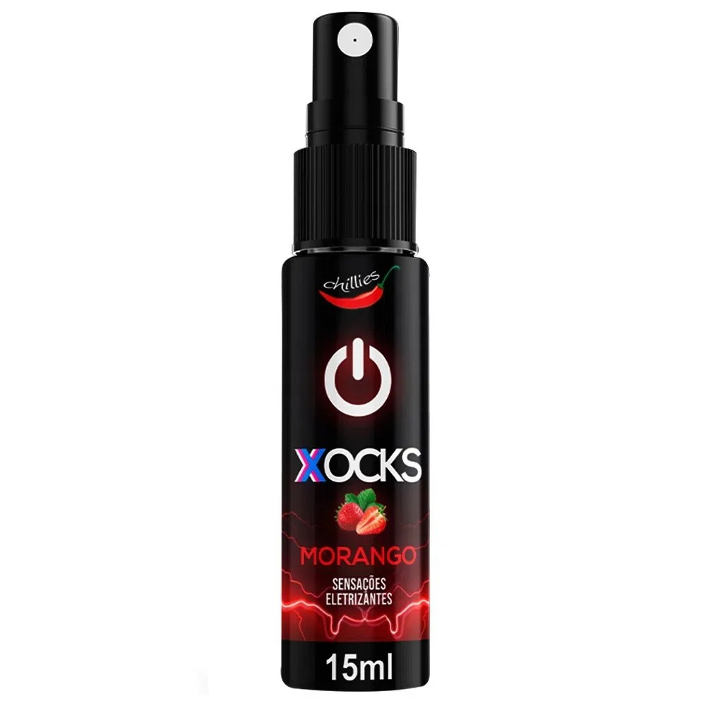 Vibrador L�quido Aroma Morango Xocks 15ml, frasco em vista frontal, mostrando o spray, aroma de morango e logo Xocks
