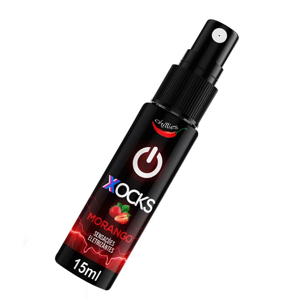 Vibrador L�quido Aroma Morango Xocks 15ml, frasco em �ngulo, destacando o bico do spray e design compacto