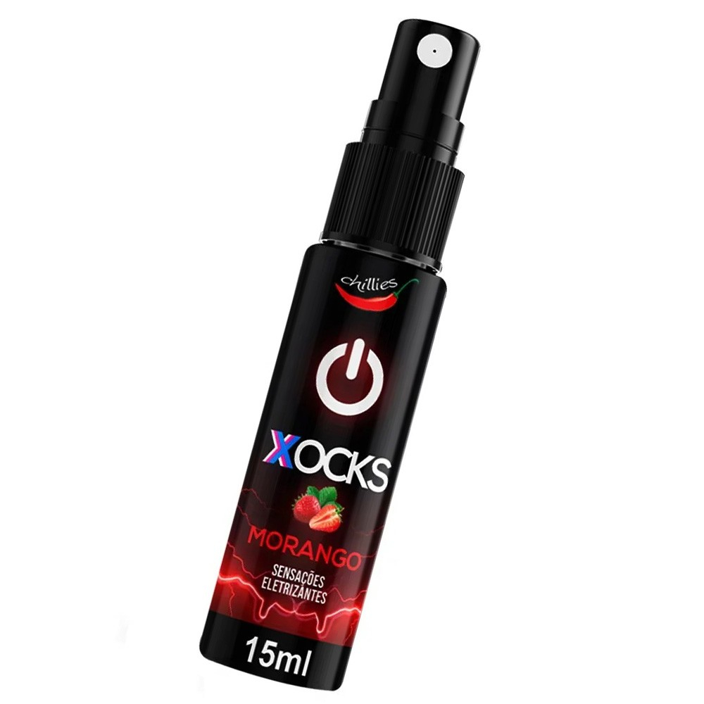 Vibrador L�quido Aroma Morango Xocks 15ml, frasco de lado, mostrando a praticidade e o tamanho ideal para discri��o