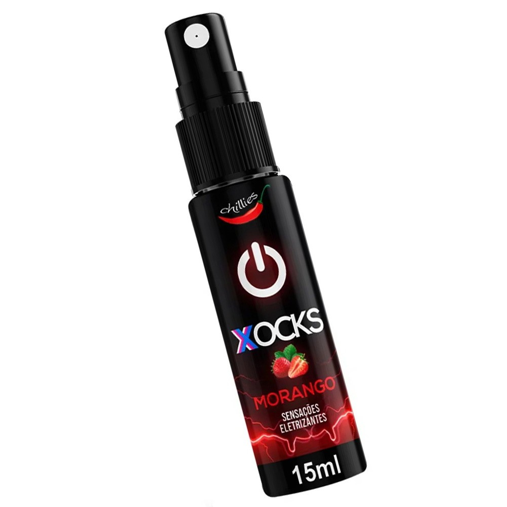 Vibrador L�quido Aroma Morango Xocks 15ml, frasco em �ngulo superior, real�ando o mecanismo do spray e o logo Chillies