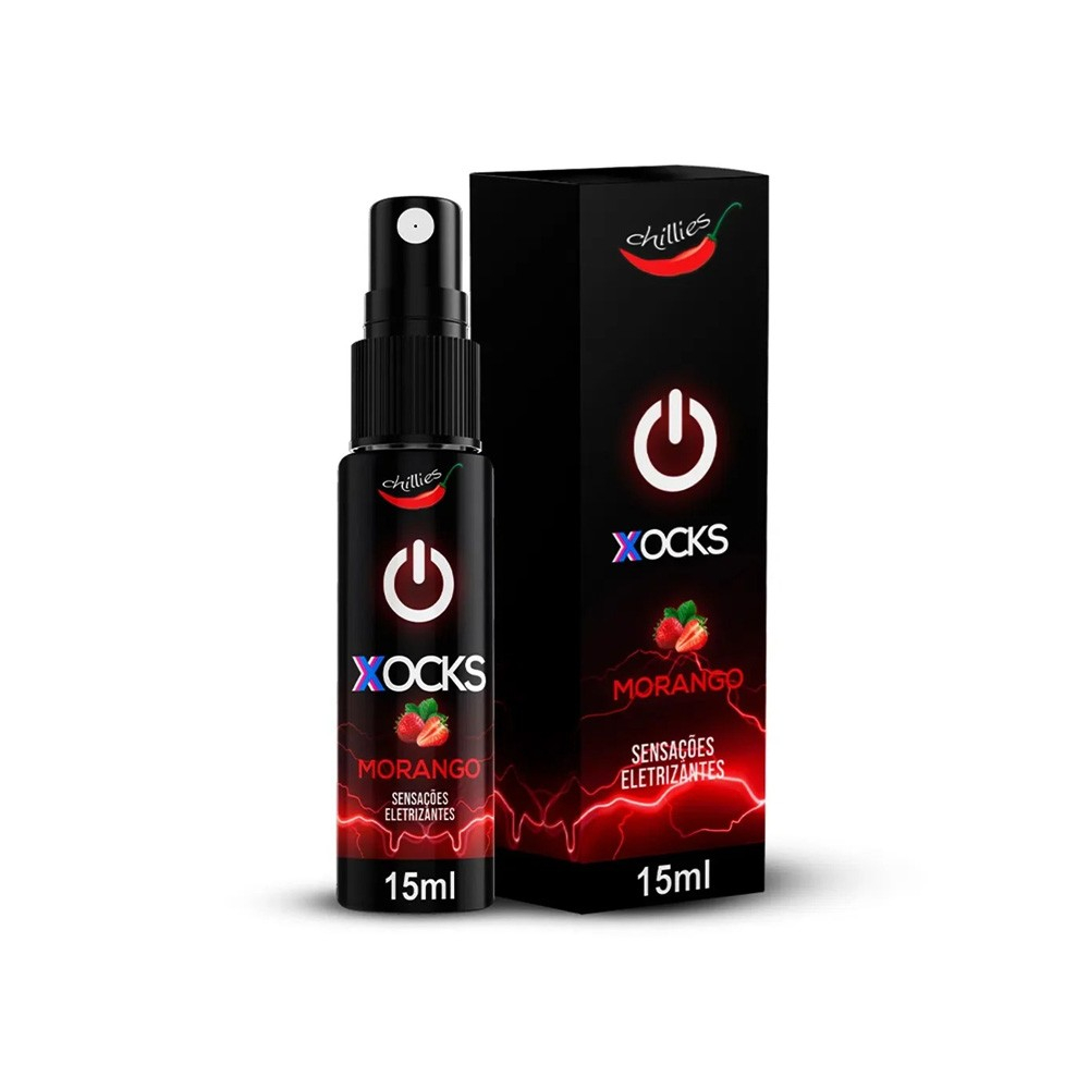 Vibrador L�quido Aroma Morango Xocks 15ml, frasco em composi��o com fundo, evidenciando o design completo do produto