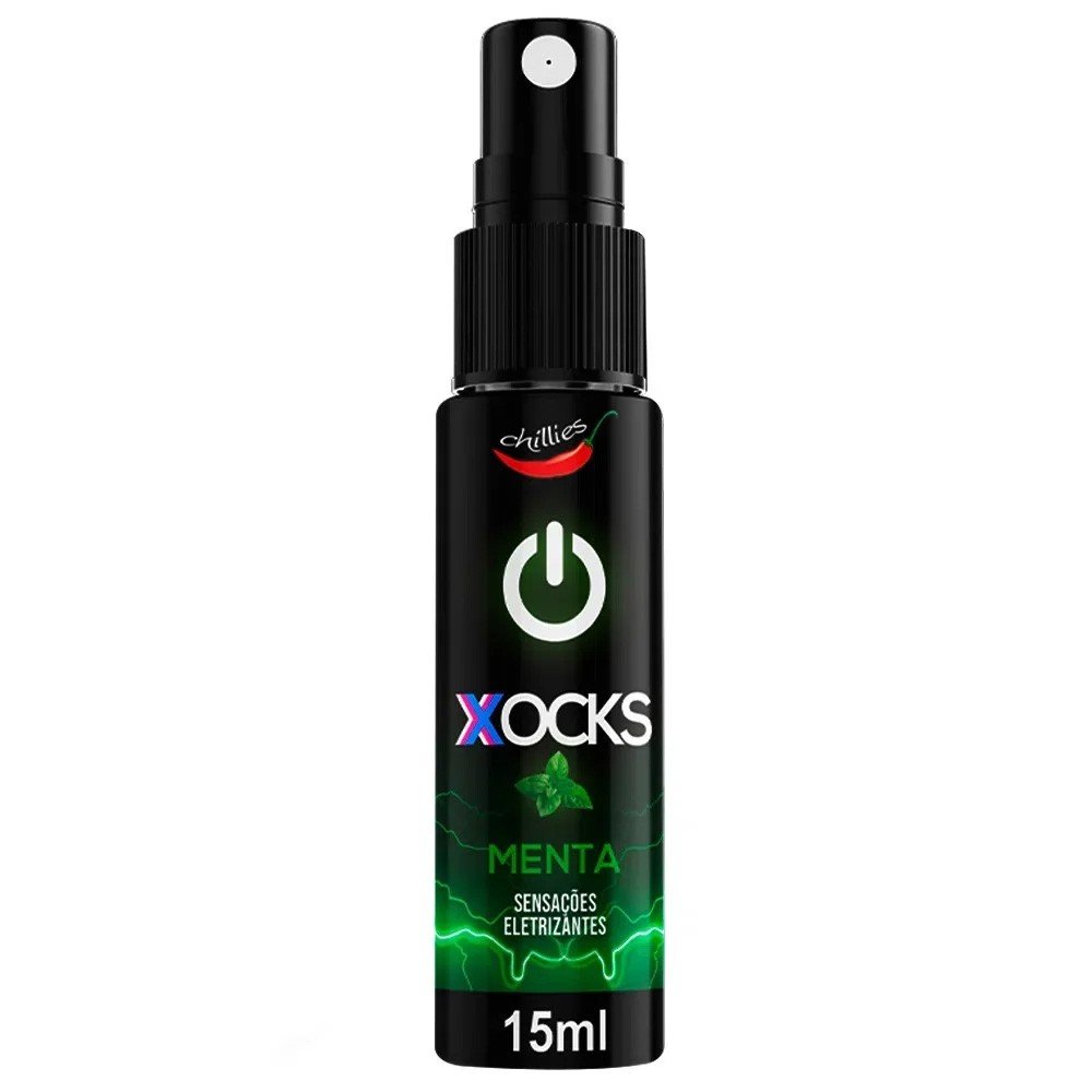 Vibrador L�quido Aroma Menta Xocks 15ml, frasco spray frontal, mostrando r�tulo e bico