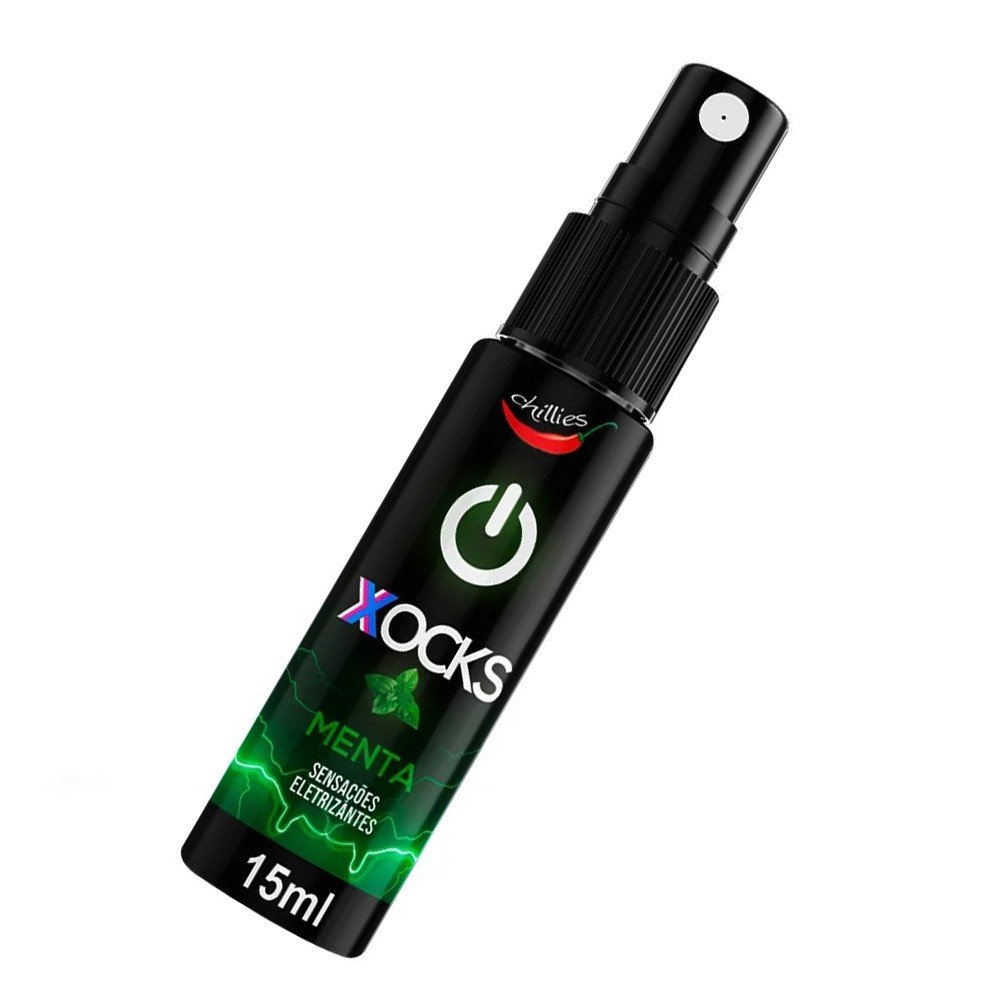 Vibrador L�quido Aroma Menta Xocks 15ml em perspectiva lateral, mostrando bico spray e detalhes do frasco