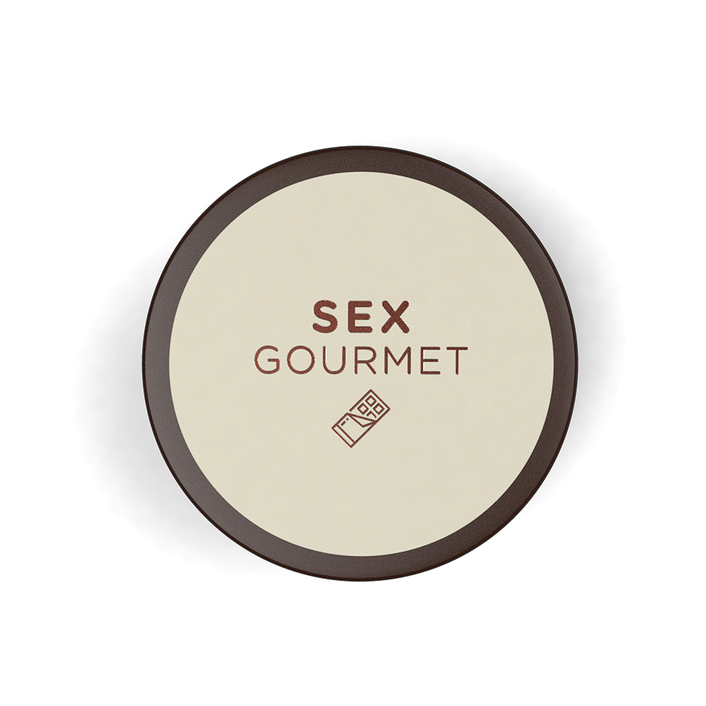 Vela para Massagem Hidratante Beij�vel Sex Gourmet Chocolate 70g, vista superior do pote com a logo 'Sex Gourmet'