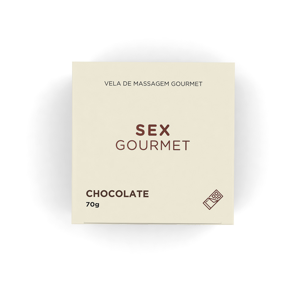 Vela para Massagem Hidratante Beij�vel Sex Gourmet Chocolate 70g na caixa, vista superior com o sabor e peso