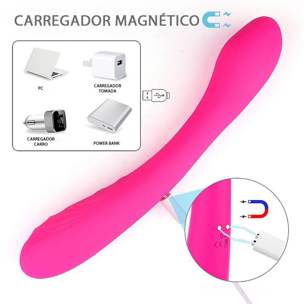 Vibrador Feminino Recarreg�vel Charming Pink com detalhes dos bot�es de controle e o carregador USB