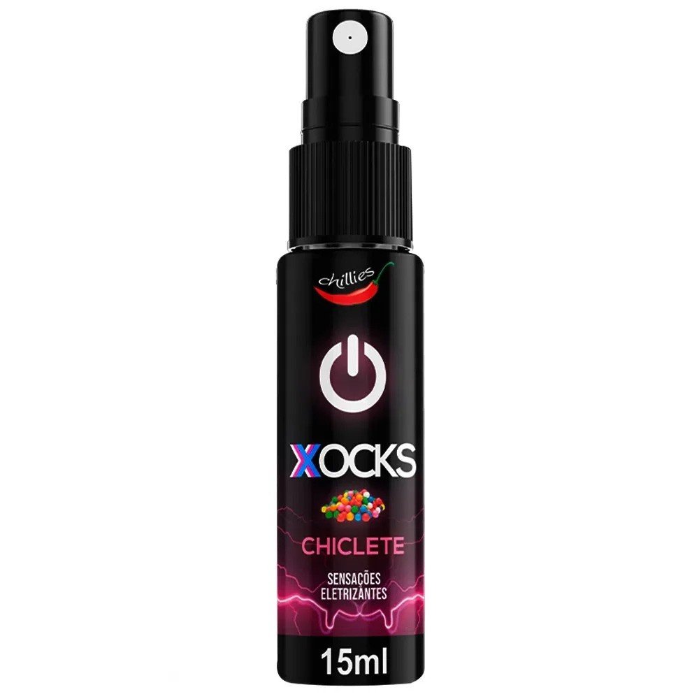 Vibrador L�quido Aroma Chiclete Xocks 15ml | Frasco preto em close, mostrando o bico spray e detalhes do r�tulo.