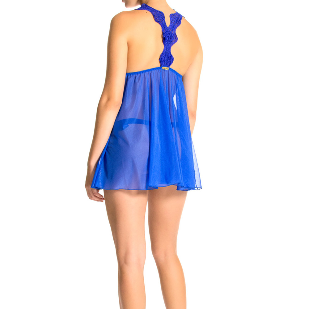 Camisola em Tule com Renda na Parte Superior e Faixa de Cetim na Frente Sou Eu Papai Azul em vista traseira, revelando o tule e o detalhe em renda na nuca.