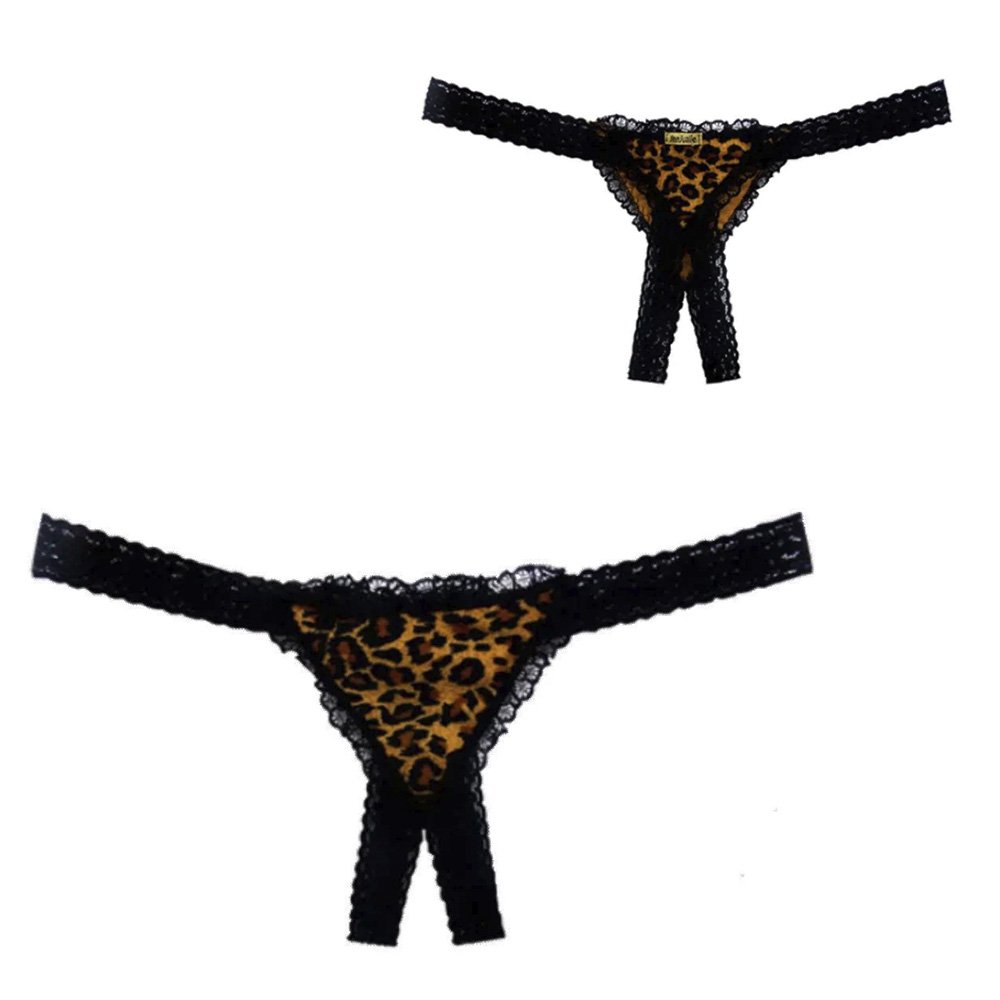 Duas Calcinhas Tanga Fio Dental Sexy em Renda e Pel�cia com Abertura na Vagina On�a, exibidas lado a lado para mostrar detalhes da estampa e renda