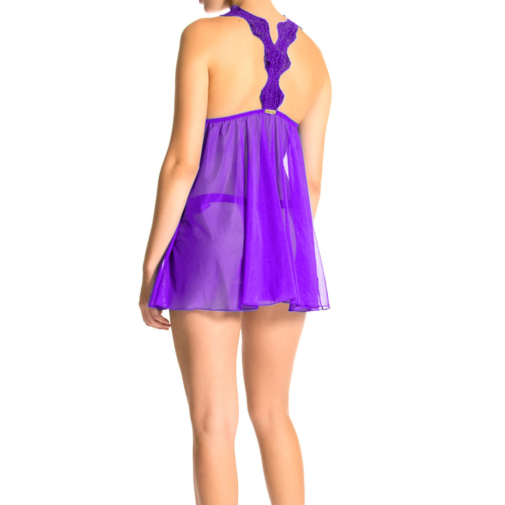 Camisola em Tule Roxo com Renda na Parte Superior e Faixa de Cetim Sou Eu Papai, vista traseira