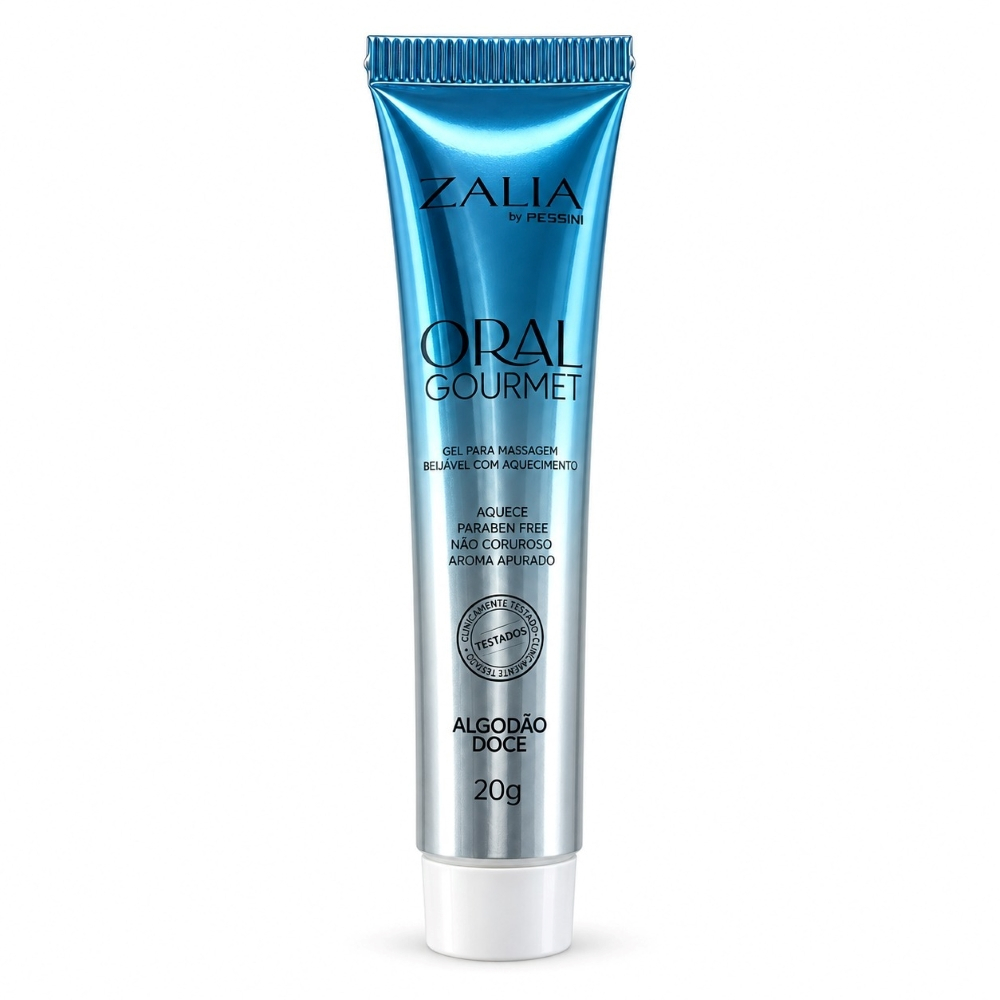 Gel para Sexo Oral Beij�vel que Aquece Oral Gourmet Algod�o Doce 20g em tubo azul e prateado, com o r�tulo e sabor bem vis�veis