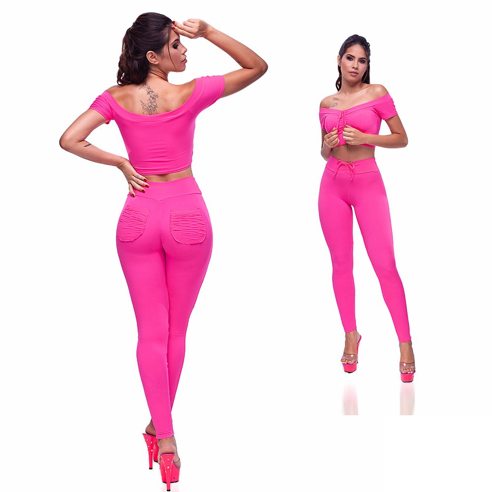 Conjunto Sensual em Suplex Poli�ster com Cal�a Levanta Bumbum e Cropped Pink - Vista traseira e frontal