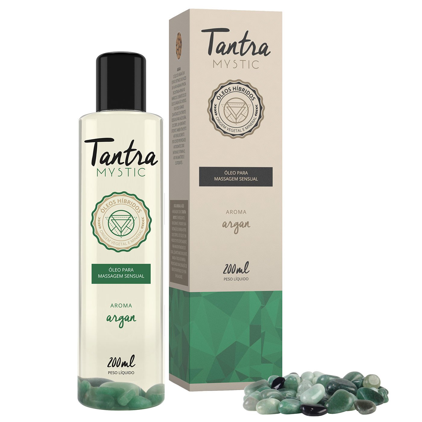 �leo para Massagem Sensual Tantra Mystic Argan e sua caixa, ladeados por pedras verdes, evidenciando o design e a tem�tica natural.