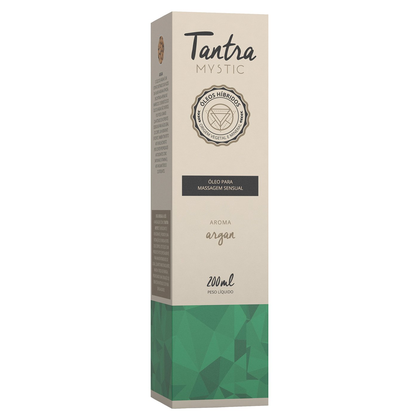 Detalhe da embalagem do �leo para Massagem Sensual Tantra Mystic Argan 200ml, destacando o r�tulo e a tampa.