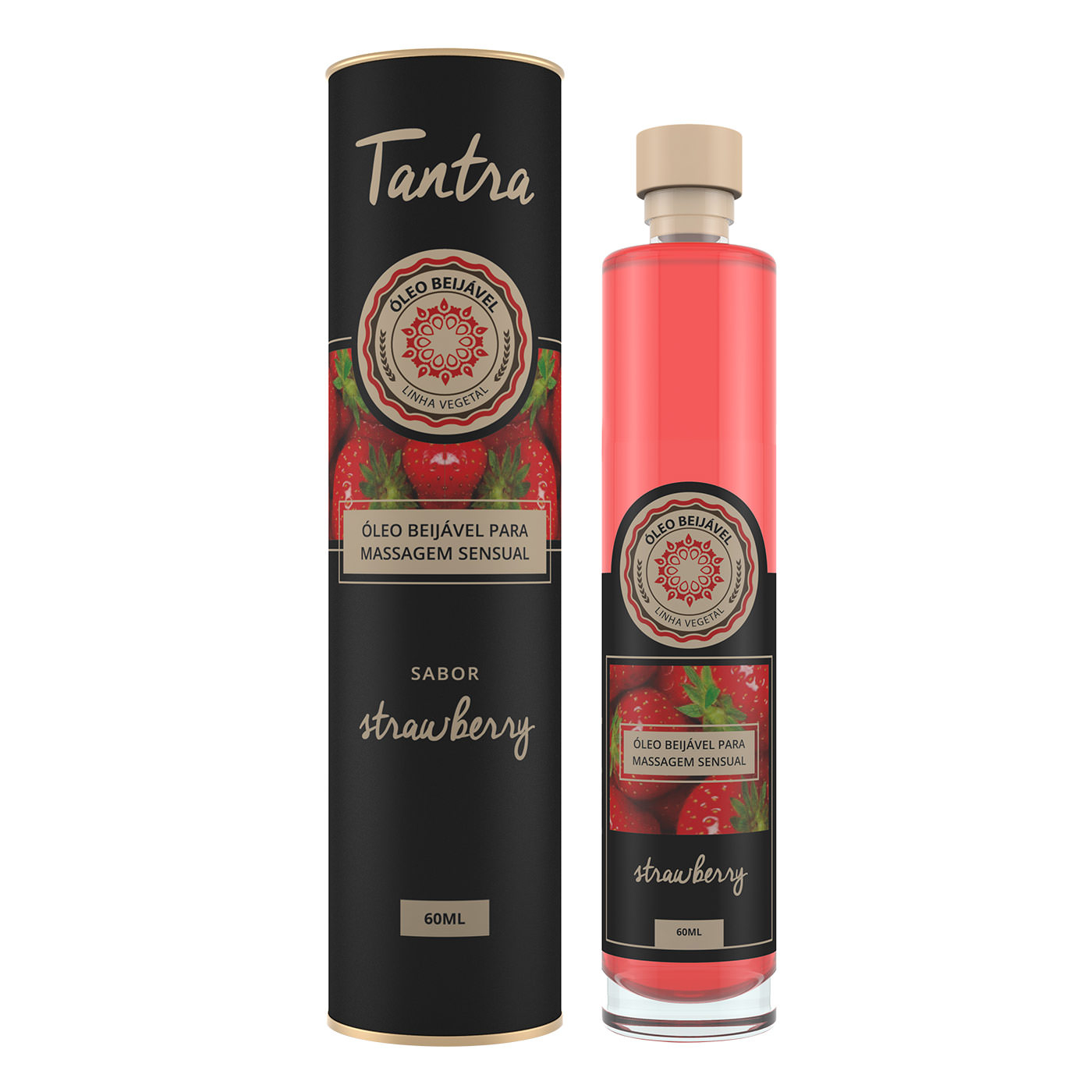 �leo para Massagem Sensual Tantra Beij�vel Morango ao lado da embalagem tubular preta