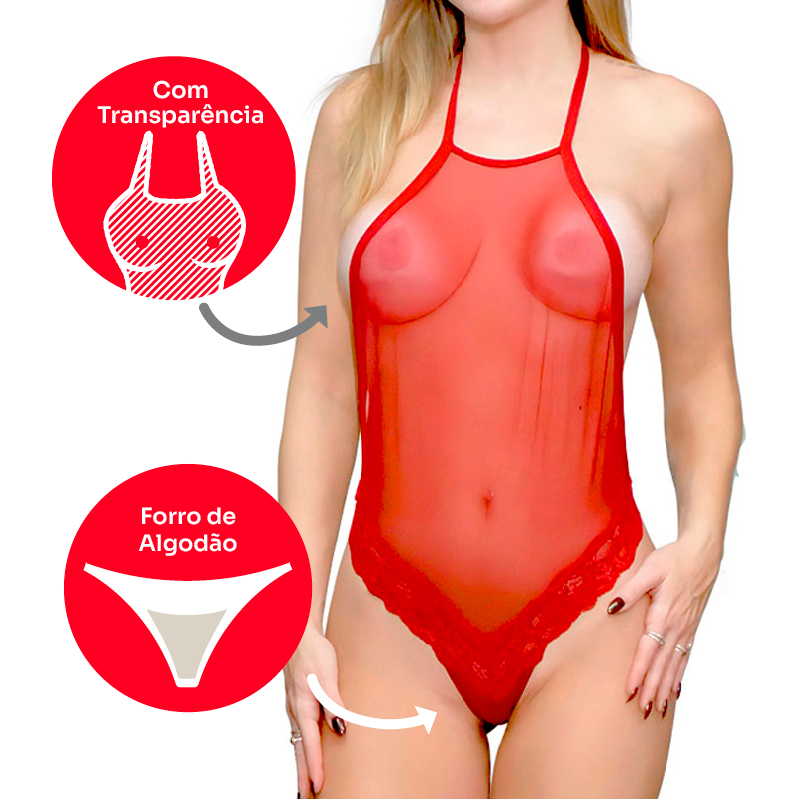 Close-up do Body Fio Dental Sensual Sexy em Tule e Renda sem Bojo Frente �nica Vermelho, detalhando a textura do tule e da renda