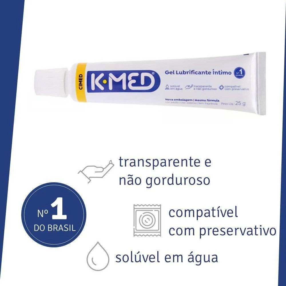 Bisnaga do Lubrificante �ntimo K-Med Gel � Base de �gua 25g em close-up, destacando informa��es como 'compat�vel com preservativo', 'sol�vel em �gua', 'transparente e n�o gorduroso'