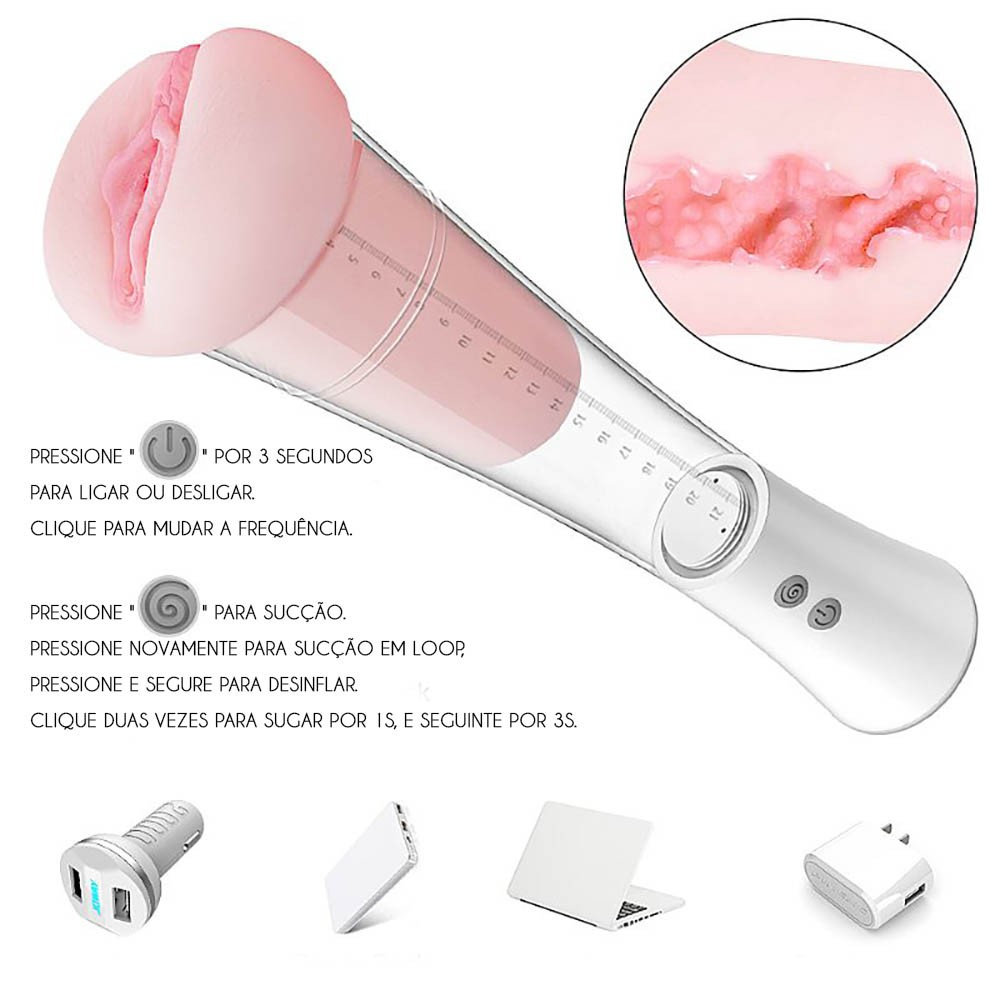 Bomba Peniana com Masturbador Vagina em Cyberskin 9 Vibra��es Recarreg�vel Max Kit Bege | Foto 05