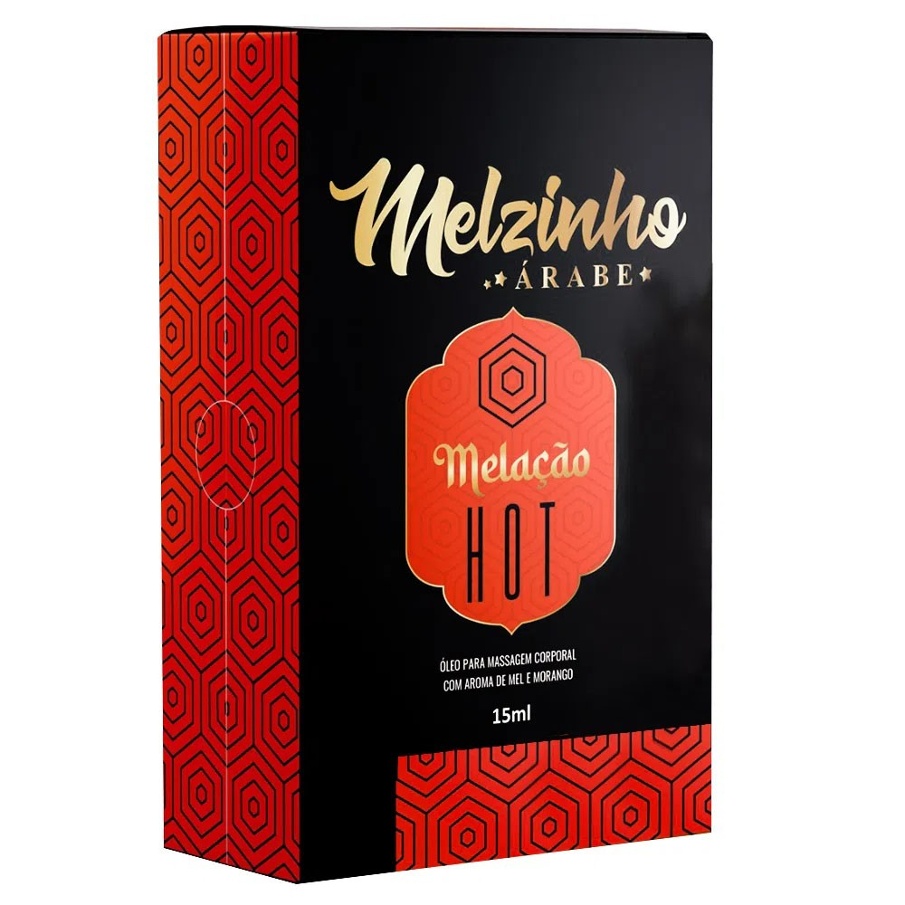 �leo para Massagem Hot Melzinho �rabe Mel e Morango 15ml | Embalagem de papel�o preta com detalhes em vermelho e logo dourado