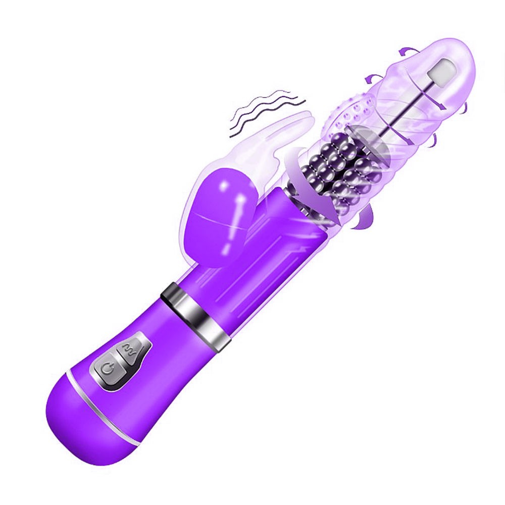 Vibrador Rabbit em Jelly Roxo, imagem inclinada mostrando os botoes de controle e o estimulador de clitoris.