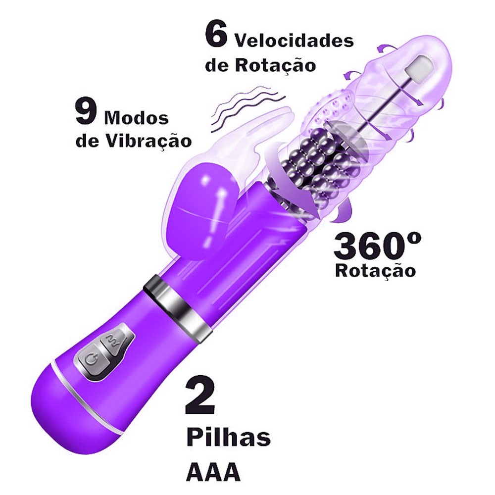 Vibrador Rabbit em Jelly Coelho II Roxo, detalhes dos bocais e estimuladores de coelho.