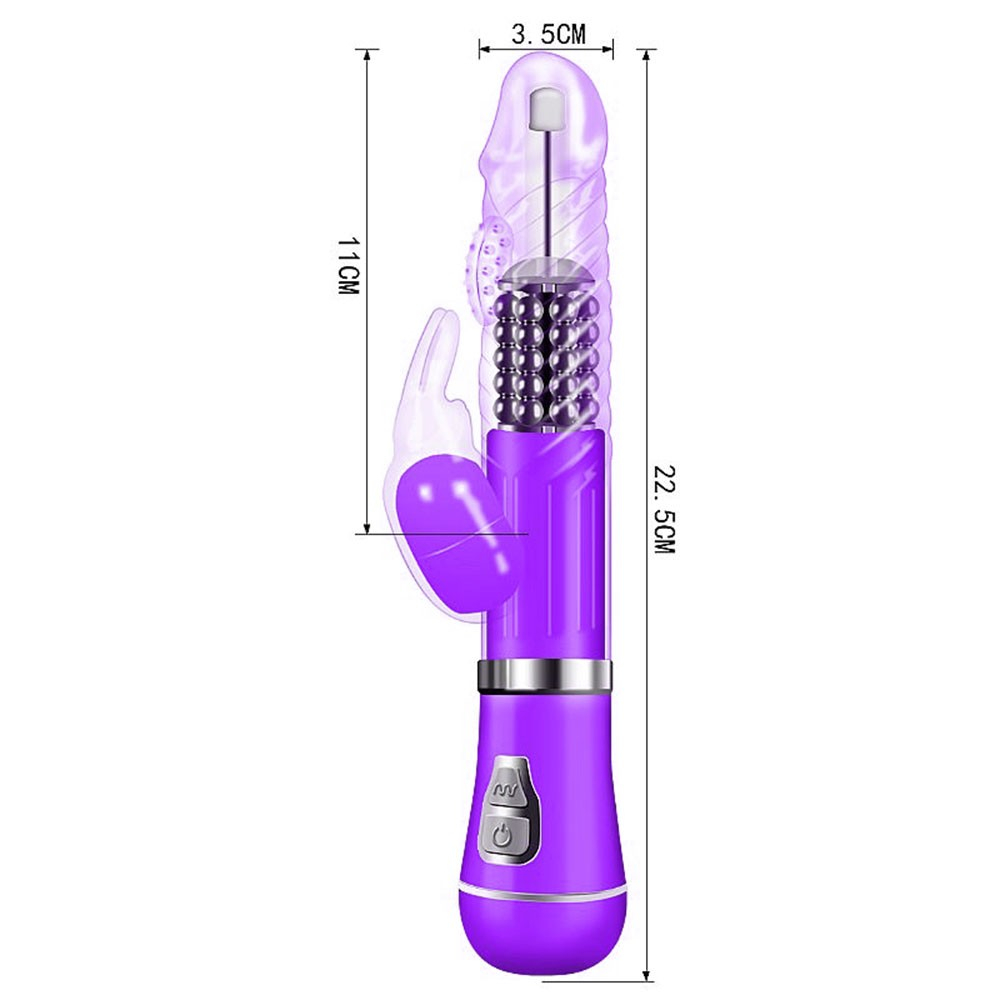 Vibrador Rabbit Roxo com embalagem, destacando os 9 modos de vibracao e 6 rotacoes.