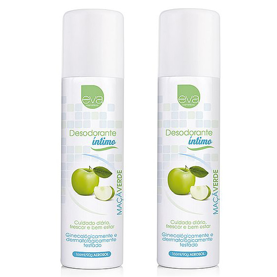 Pack com duas unidades do Desodorante �ntimo Aerosol Aroma Ma�� Verde 166ml, mostrando os frascos lado a lado