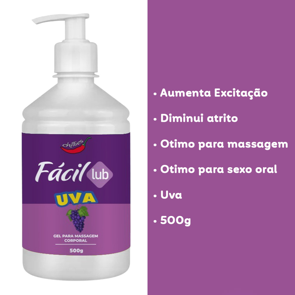 Lubrificante F�cil Lub Sabor Uva 500g e lista de benef�cios como 'Aumenta Excita��o', 'Diminui atrito', '�timo para massagem' e '�timo para sexo oral'.