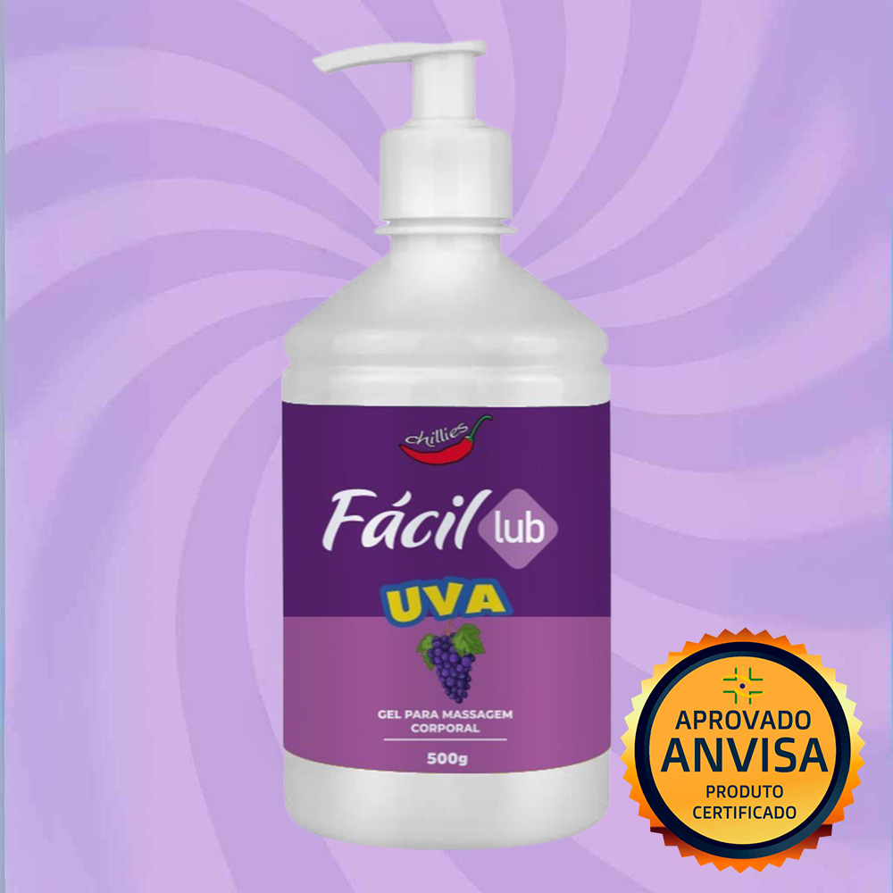 Lubrificante F�cil Lub Sabor Uva 500g com selo de 'Aprovado ANVISA - Produto Certificado'.