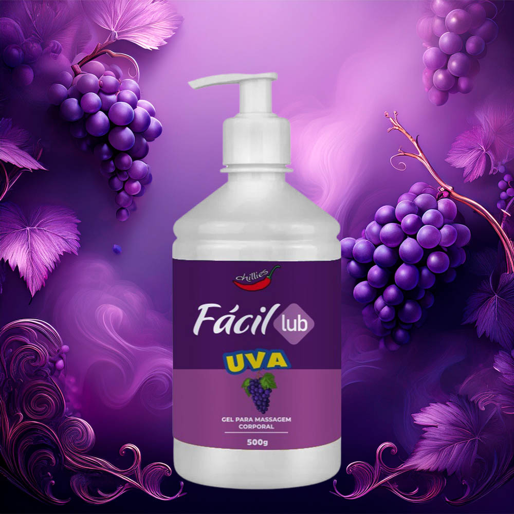 Frasco do Lubrificante F�cil Lub Sabor Uva 500g em fundo liso, destacando seu design com pump dosador.