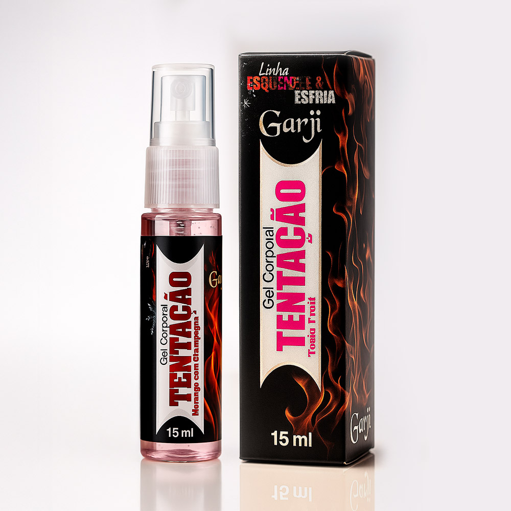 Excitante Unissex Esquenta e Esfria Beij�vel Tenta��o Sabor Tutti Frutti 15ml, frasco e caixa lado a lado, com o r�tulo principal vis�vel.