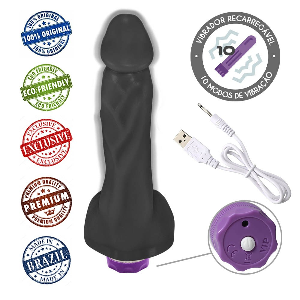 P�nis Real�stico com Vibrador 10 Velocidades Recarreg�vel Heart 19,5 x 4,5cm Preto, vista da base com a bateria recarreg�vel e o bot�o de controle do vibrador
