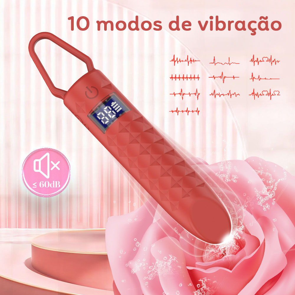 Vibrador Bullet Recarreg�vel de silicone em ambiente floral, destacando os 10 modos de vibra��o e o baixo ru�do
