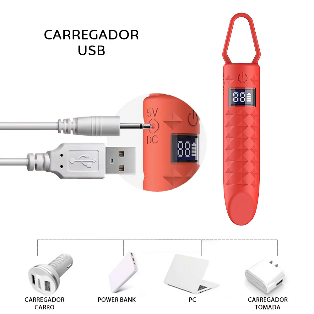 Detalhe do vibrador bullet recarreg�vel exibindo o visor LED com �cones de bateria e intensidade