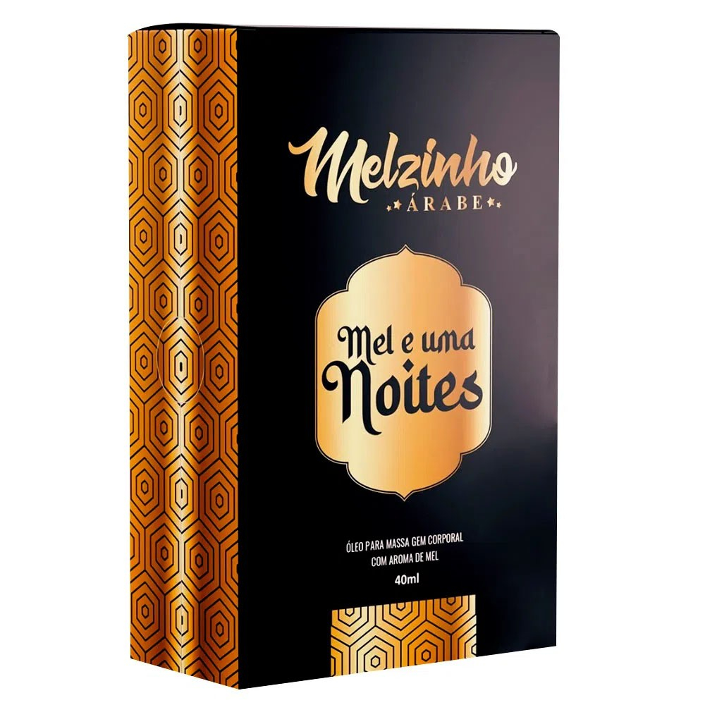 Caixa do �leo para Massagem Aroma Mel Melzinho �rabe 40ml com design �rabe em preto e dourado